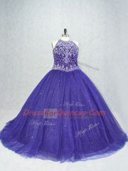 Exceptional Purple Sweet 16 Quinceanera Dress Scoop Sleeveless Brush Train Lace Up