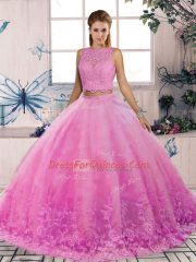 Best Rose Pink Two Pieces Lace Ball Gown Prom Dress Backless Tulle Sleeveless