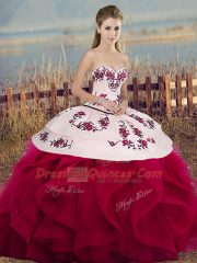 White And Red Lace Up Sweet 16 Dresses Embroidery and Ruffles and Bowknot Sleeveless Floor Length