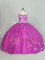 Fuchsia Sweetheart Lace Up Beading and Sequins Sweet 16 Dress Brush Train Sleeveless
