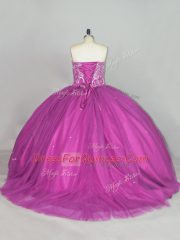 Fuchsia Sweetheart Lace Up Beading and Sequins Sweet 16 Dress Brush Train Sleeveless