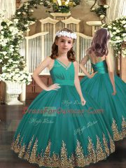 Luxurious Turquoise Tulle Zipper Pageant Dress Womens Sleeveless Floor Length Embroidery