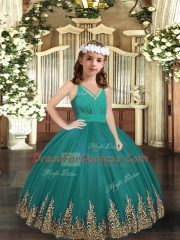 Luxurious Turquoise Tulle Zipper Pageant Dress Womens Sleeveless Floor Length Embroidery