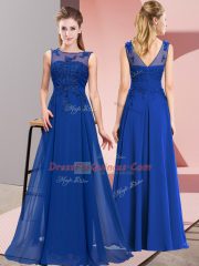 Elegant Royal Blue Sleeveless Floor Length Beading and Appliques Zipper Court Dresses for Sweet 16
