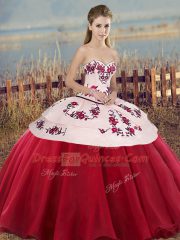 On Sale Sweetheart Sleeveless Tulle Ball Gown Prom Dress Embroidery and Bowknot Lace Up