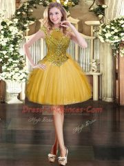 Sexy Tulle Scoop Cap Sleeves Zipper Beading and Ruffles Prom Dresses in Gold