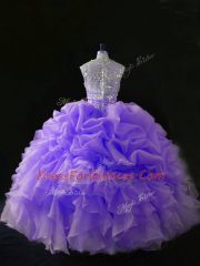 Classical Lavender 15th Birthday Dress Sweet 16 and Quinceanera with Beading and Ruffles and Pick Ups Straps Sleeveless Zipper