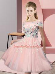 Chic Pink Empire Off The Shoulder Short Sleeves Tulle Knee Length Lace Up Appliques Court Dresses for Sweet 16