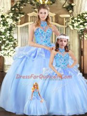 Artistic Floor Length Lace Up Sweet 16 Dress Blue for Military Ball and Sweet 16 and Quinceanera with Embroidery