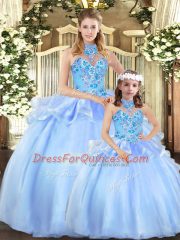 Artistic Floor Length Lace Up Sweet 16 Dress Blue for Military Ball and Sweet 16 and Quinceanera with Embroidery