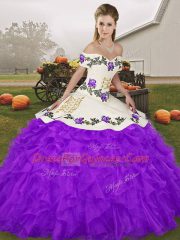 Beauteous Sleeveless Floor Length Embroidery and Ruffles Lace Up Sweet 16 Quinceanera Dress with Purple