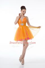 Low Price Orange Ball Gowns Straps Sleeveless Tulle Mini Length Zipper Beading and Ruching Party Dress Wholesale