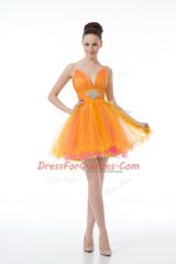 Low Price Orange Ball Gowns Straps Sleeveless Tulle Mini Length Zipper Beading and Ruching Party Dress Wholesale