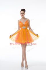 Low Price Orange Ball Gowns Straps Sleeveless Tulle Mini Length Zipper Beading and Ruching Party Dress Wholesale