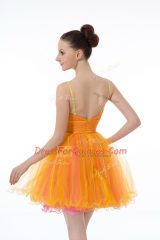 Low Price Orange Ball Gowns Straps Sleeveless Tulle Mini Length Zipper Beading and Ruching Party Dress Wholesale