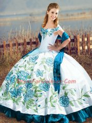 Affordable Blue And White Quinceanera Gown Sweet 16 and Quinceanera with Embroidery and Ruffles Off The Shoulder Sleeveless Lace Up