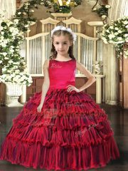 Elegant Scoop Sleeveless Little Girl Pageant Gowns Floor Length Ruffled Layers Red