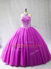 Chic Beading Quinceanera Gowns Lilac Lace Up Sleeveless Brush Train