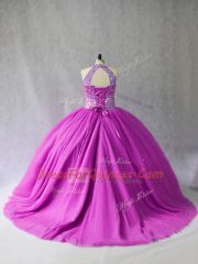 Chic Beading Quinceanera Gowns Lilac Lace Up Sleeveless Brush Train