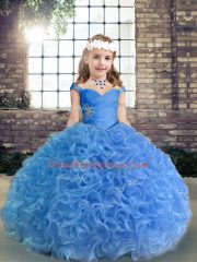 Ball Gowns Winning Pageant Gowns Blue Spaghetti Straps Fabric With Rolling Flowers Sleeveless Floor Length Lace Up
