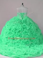 Stunning Sweetheart Sleeveless Sweet 16 Quinceanera Dress Brush Train Beading and Ruffles Fabric With Rolling Flowers