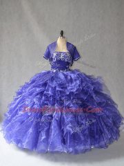 Fantastic Blue Lace Up Strapless Beading and Ruffles Quinceanera Dress Organza Sleeveless