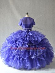 Fantastic Blue Lace Up Strapless Beading and Ruffles Quinceanera Dress Organza Sleeveless