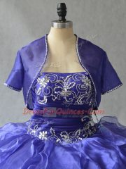 Fantastic Blue Lace Up Strapless Beading and Ruffles Quinceanera Dress Organza Sleeveless