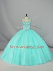 Top Selling Beading 15 Quinceanera Dress Apple Green Lace Up Sleeveless Brush Train