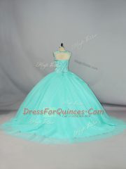 Top Selling Beading 15 Quinceanera Dress Apple Green Lace Up Sleeveless Brush Train