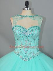 Top Selling Beading 15 Quinceanera Dress Apple Green Lace Up Sleeveless Brush Train