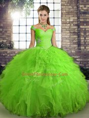 Delicate Floor Length Quince Ball Gowns Tulle Sleeveless Beading and Ruffles