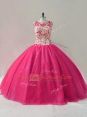 Scoop Sleeveless Sweet 16 Dresses Floor Length Appliques Hot Pink Tulle