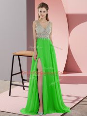 Green Prom Dresses V-neck Sleeveless Sweep Train Zipper