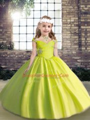 Straps Sleeveless Kids Pageant Dress Floor Length Beading Yellow Green Tulle