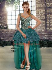 Chic Straps Sleeveless Lace Up Dress for Prom Dark Green Tulle