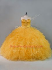 Beautiful Gold Lace Up Quinceanera Dress Beading and Ruffles Sleeveless Floor Length