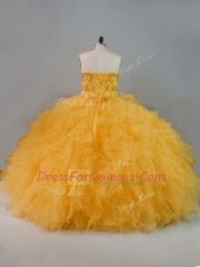 Beautiful Gold Lace Up Quinceanera Dress Beading and Ruffles Sleeveless Floor Length