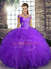 Pretty Purple Tulle Lace Up Quinceanera Dress Sleeveless Floor Length Beading and Ruffles