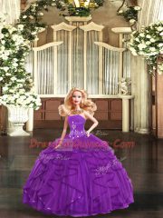 Sophisticated Purple Ball Gowns Tulle Strapless Sleeveless Beading and Ruffles Floor Length Lace Up Sweet 16 Quinceanera Dress