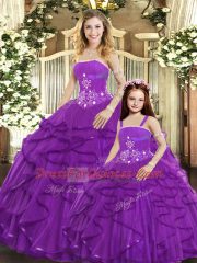 Sophisticated Purple Ball Gowns Tulle Strapless Sleeveless Beading and Ruffles Floor Length Lace Up Sweet 16 Quinceanera Dress