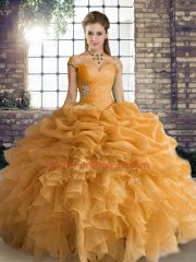 Affordable Orange Off The Shoulder Lace Up Beading and Ruffles and Pick Ups Sweet 16 Dress Sleeveless