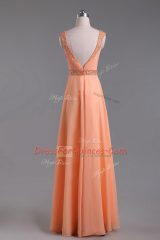 Suitable Sleeveless Backless Floor Length Beading and Ruching Party Dresses