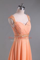Suitable Sleeveless Backless Floor Length Beading and Ruching Party Dresses