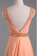 Suitable Sleeveless Backless Floor Length Beading and Ruching Party Dresses