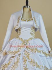 White Lace Up Straps Embroidery 15 Quinceanera Dress Satin Sleeveless