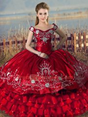 Trendy Off The Shoulder Sleeveless Satin Sweet 16 Dresses Embroidery and Ruffled Layers Lace Up