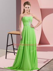 Affordable Floor Length Evening Dress Chiffon Long Sleeves Beading and Ruching