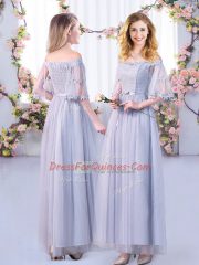 Off The Shoulder Half Sleeves Tulle Quinceanera Court Dresses Lace and Belt Side Zipper