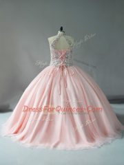 Superior Tulle Halter Top Sleeveless Beading 15th Birthday Dress in Pink